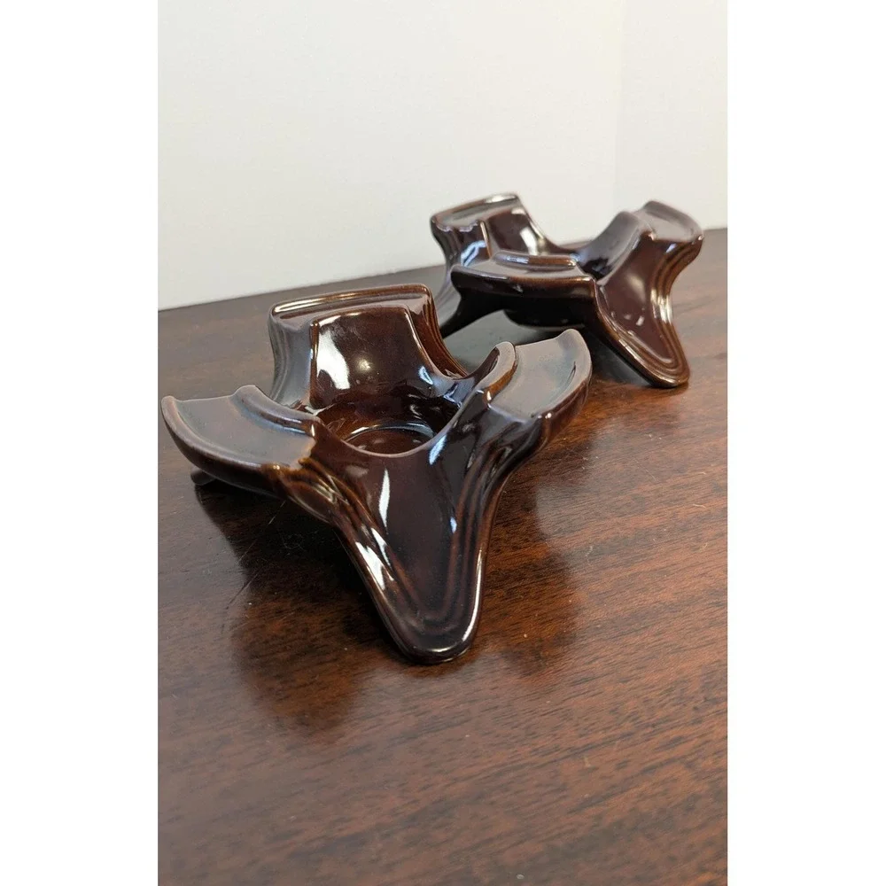 Vintage Brown Drip Glaze USA Pottery Candle Holders, Mid Century Rustic Decor